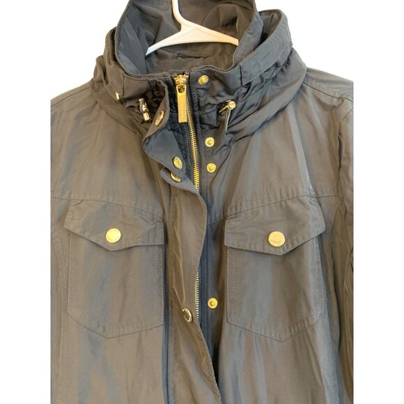 Michael Kors Black Hood Coat L Gold Zip Rain Wind Transition RR10487 Mid EUC - Picture 8 of 16